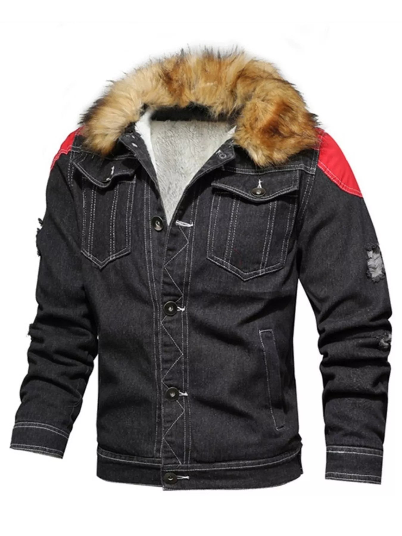 Men's Full Size Faux Fur Collar Denim Jacket Plus Size